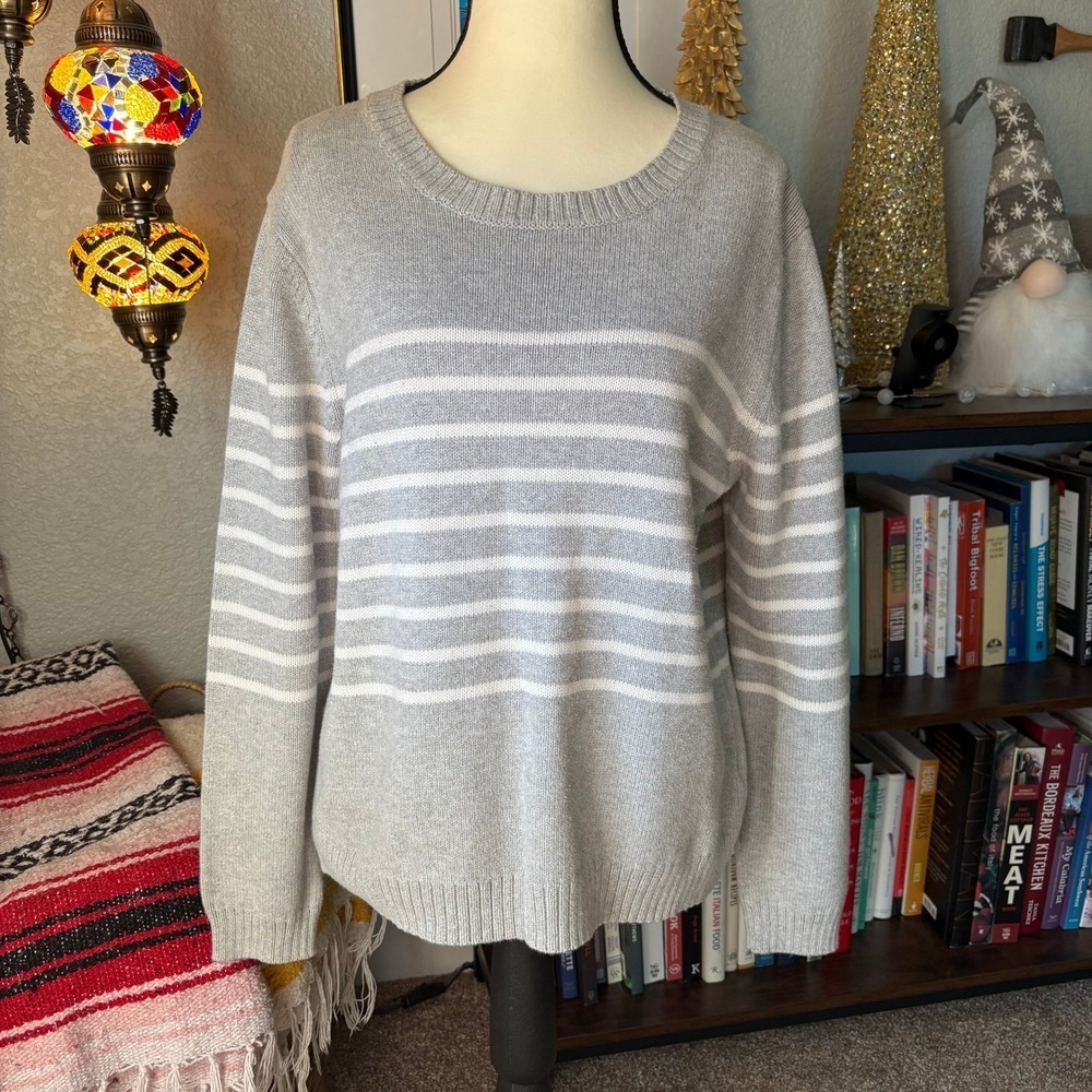 GAP Heavyweight Cotton Knit Striped Sweater Gray White Size L